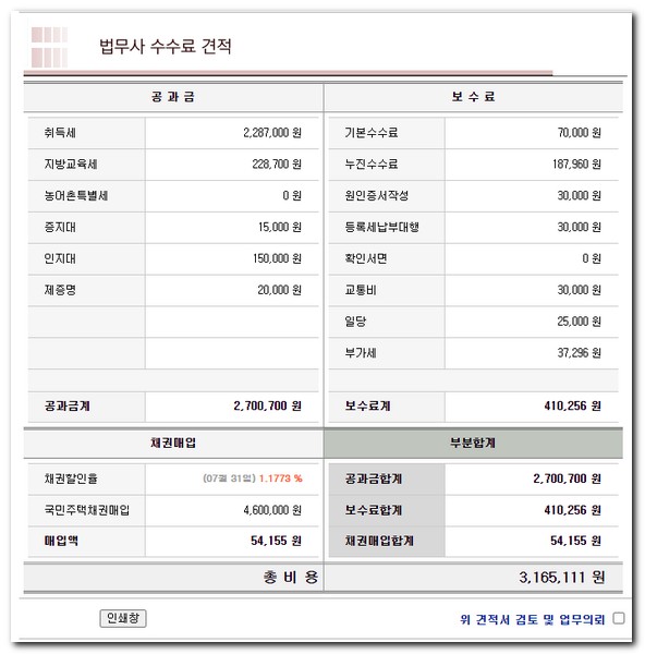 법무사 수수료 견적